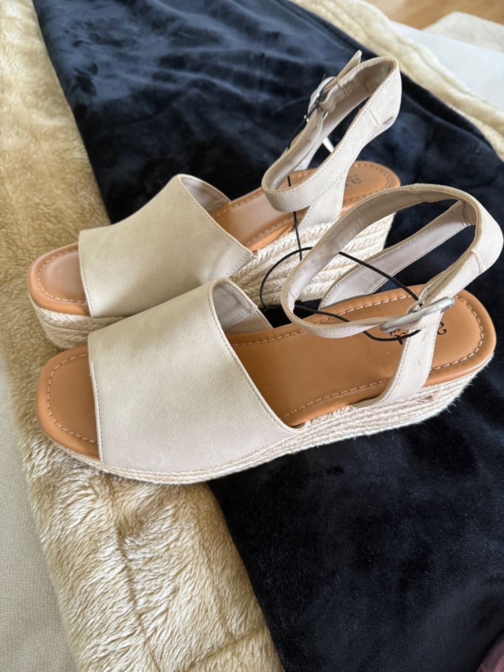 Beige "Ana" Espadrille Wedge Sandals with Ankle Strap - brand new